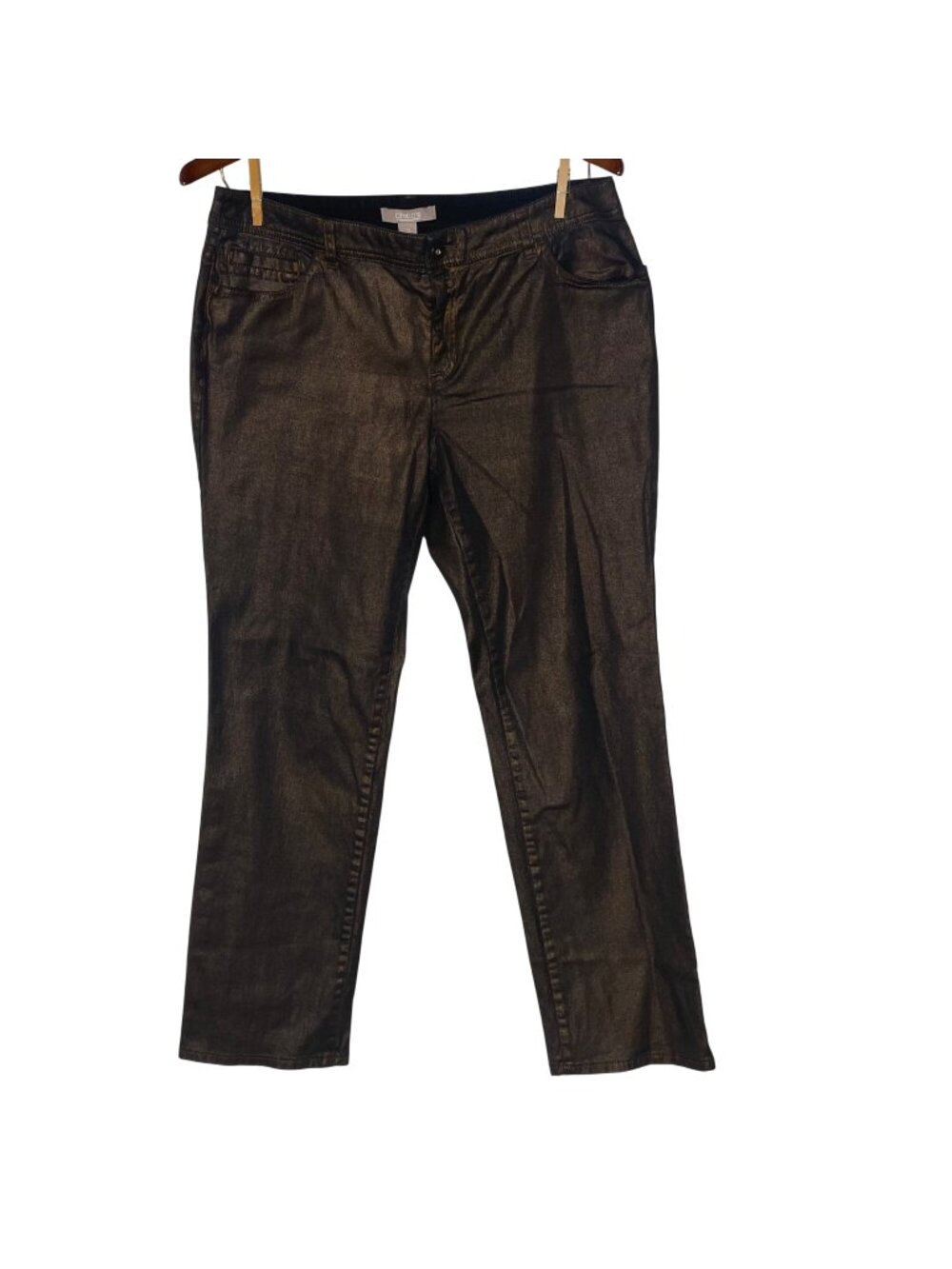 Chico's Metallic Straight Leg Pants Trousers Jeans Sz LG PET (2 SHORT)
